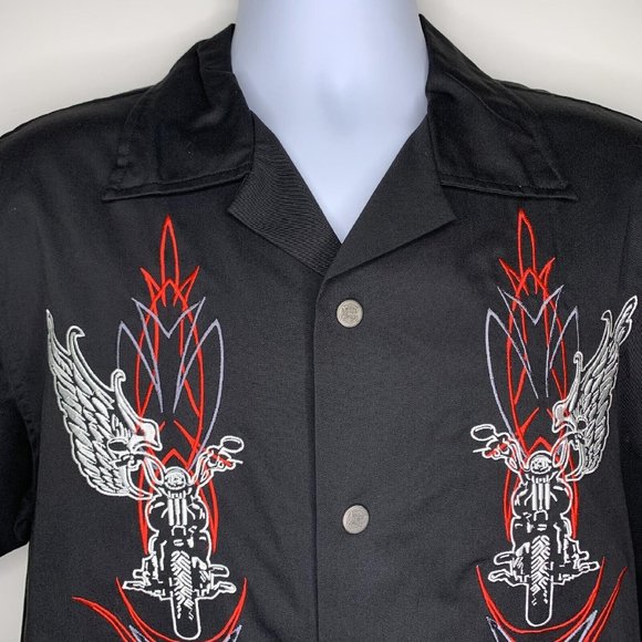 NWT Hard Chrome Gear Mens Rockabilly Skull Biker Button Down Shirt Black LARGE - Picture 3 of 9
